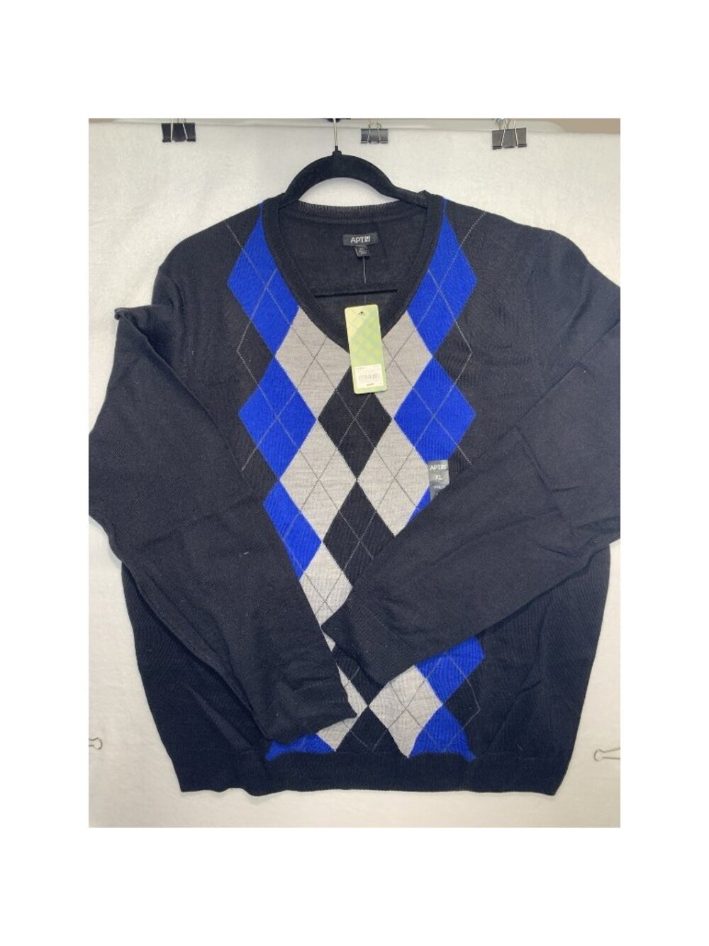 Apt 9 Sweater Mens XL Black Blue Grey Argyle V-Neck Long Sleeve Knit Pullover